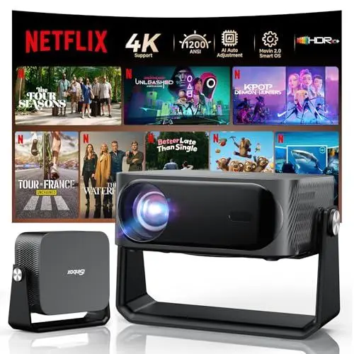 Produktbild: (30000 Lumen/Autofokus & Trapezkorrektur) 4K Smart Beamer mit Netflix-App & Kinoähnlichem Sound, WiFi 6＆ Bluetooth 5.3, HDR10+, intelligenter tragbarer Projektor mit schwenkbarer Heimkino Beamer