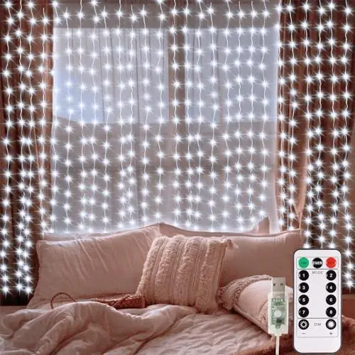 Produktbild: 300LED lichtervorhang USB,3mx3m lichterketten Vorhang mit Fernbedienung Timer Wasserdichte LED Lichterkette mit Haken für Hochzeit Weihnachten Innen und außen Deko (Weiß)