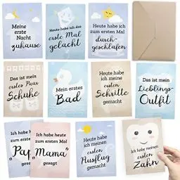 Produktbild: 30+1 Meilensteinkarten als Geschenk zur Geburt des Babies: Für unvergessliche Fotos + Baby-Tagebuch in einem - inkl. Geschenkbox & Glückwunsch-Karte - DIN A6, Milestone Foto- & Erinnerungs-Karten