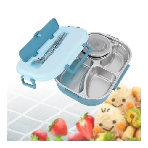 Produktbild: 304 Edelstahl Erwachsene Lunch Box mit Edelstahl Löffel und Essstäbchen mit 300ml Suppenschüssel, 1500ml Brotbox Brotdose große Kapazität Kinder Student Erwachsene Lunch Box mit Fächern, blau