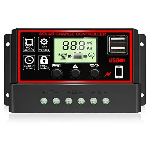 Produktbild: 30A Laderegler Solar 12V/24V, Solar Ladegerät PWM Controller Solarpanel Batterie Intelligente Solarregler mit 5V Dual USB Port, Auto-Parameter LCD Anzeige Solar Controller für Blei Säure Batterien