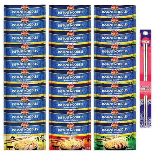 Produktbild: 30er Mix Set Asia Gold Instant Nudeln I je 10x Rind Huhn Ente I 30x60g I Chinesische Nudeln I Asia Nudeln Instant I Asiatische Nudeln I Instant Ramen I OYOY Metall Essstäbchen