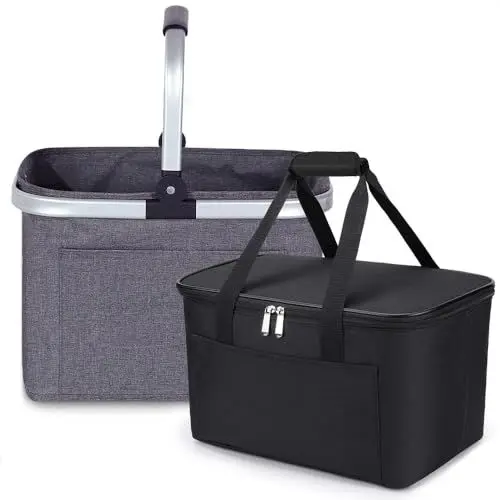 Produktbild: Pynhoklm 30L Klassischer Einkaufsset 2tlg Bestehend aus Einkaufskorb und Kühltasche Einkaufskorb mit Alu-Griff Faltbare Einkaufstasche mit Isolierung für Arbeit/Einkaufen