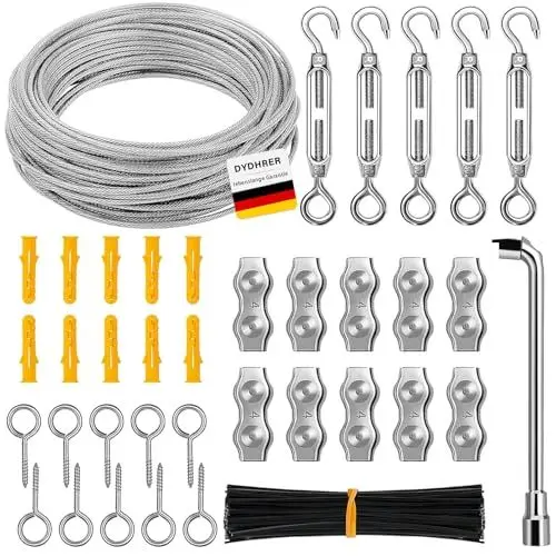 Produktbild: 30M 3mm Drahtseil Set,304 Edelstahl Seilspanner Spannschloss,Stahlseil Ummantelt,Drahtseil mit Ösen Seilspanngarnitur,Edelstahlseil für Wäscheleine, Gardinenseil,Outdoor Rankhilfe,Deck-Kabel-Reling