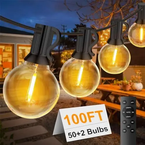 Produktbild: 30M LED 50+2 G40 Outdoor Lichterkette Außen Strom, Lichterkette Außen Wetterfest, 5 Modi, IP44 Wasserdicht, Timer, Fernbedienung, Lichterkette Glühbirnen Innen für Garten, Terrasse, Hochzeiten