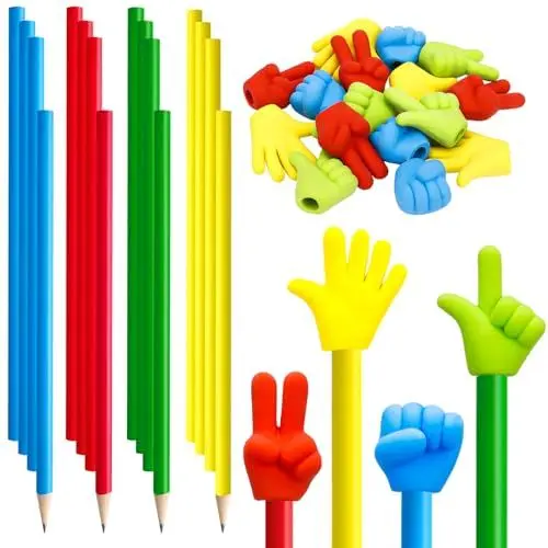Produktbild: 32 Stück Bleistift mit Radiergummi Kinder Set, HB Radiergummikopf Bleistift, lustige Mitgebsel Bleistifte Mehrfarbig Graphitstift mit Schere-Stein-Papier Radiergummi für Schüler Hausaufgaben Schule Bü