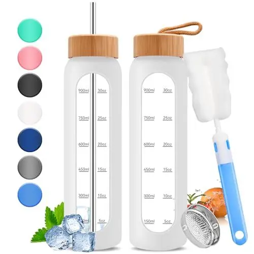 Produktbild: 32oz Glas-Wasserflasche mit Zeitmarkierung - 1000ml große motivierende Wasserflasche mit 2 Bambusdeckeln, 1 Liter Flasche für Fitness mit Edelstahlstrohhalm & Silikonhülle (Weiß)