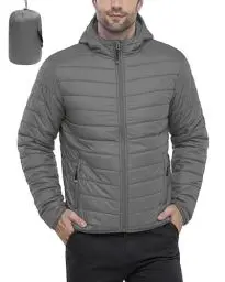 Produktbild: 33,000ft Herren Leichte Steppjacke Outdoor Wasserbeständige Übergangsjacke Warme Winterjacke für Männer, Kapuze Wintermäntel Pufferjacke Verstaubar Grau L