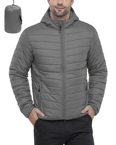 Produktbild: 33,000ft Herren Leichte Steppjacke Outdoor Wasserbeständige Übergangsjacke Warme Winterjacke für Männer, Kapuze Wintermäntel Pufferjacke Verstaubar Grau 2XL