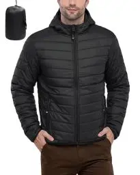 Produktbild: 33,000ft Herren Leichte Steppjacke Outdoor Wasserbeständige Übergangsjacke Warme Winterjacke für Männer, Kapuze Wintermäntel Pufferjacke Verstaubar Schwarz S