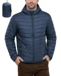 Produktbild: 33,000ft Herren Leichte Steppjacke Outdoor Wasserbeständige Übergangsjacke Warme Winterjacke für Männer, Kapuze Wintermäntel Pufferjacke Verstaubar Schwarzblau M