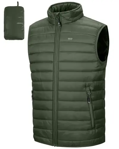 Produktbild: 33,000ft Herren Packbare Steppweste Outdoor Gefütterte Hybrid Sportwesten mit Stehkragen Outdoorwesten mit 5 Taschen Übergangswesten für Männer Laufen Golf Wandern Reiten, Armeegrün XL