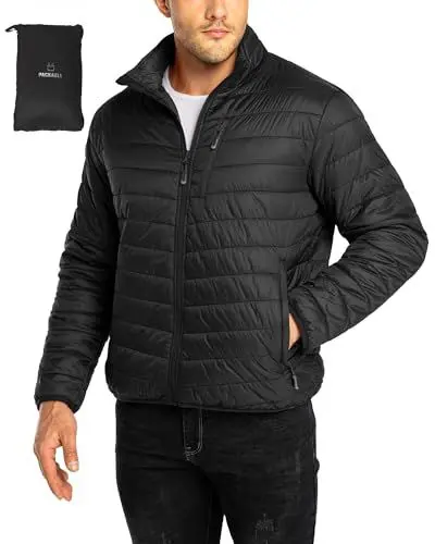 Produktbild: 33,000ft Herren Steppjacke Leichte Übergangsjacke in Daunenjacken-Optik Winterjacke für Männer Gefüttert mit Taschen Packbar für Freizeit Wandern Reisen Lightweight Puffer Jacket Schwarz L