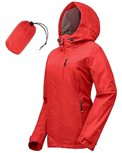 Produktbild: 33,000ft Regenjacke Damen Wasserdicht Outdoorjacke Atmungsaktiv Herbst Übergangsjacke Leichte Jacke mit Kapuze Windbreaker zum Wandern Reisen Treking Fahrrad (Hellrot 38)
