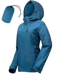 Produktbild: 33,000ft Regenjacke Damen Wasserdicht Outdoorjacke Atmungsaktiv Herbst Übergangsjacke Leichte Jacke mit Kapuze Windbreaker zum Wandern Reisen Treking Fahrrad Vintage-Blau 40