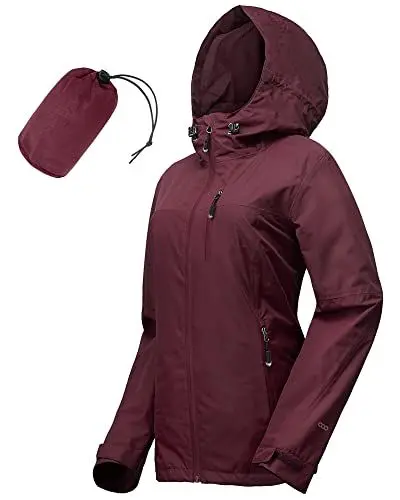 Produktbild: 33,000ft Regenjacke Damen Wasserdicht Outdoorjacke Atmungsaktiv Herbst Übergangsjacke Leichte Jacke mit Kapuze Windbreaker zum Wandern Reisen Treking Fahrrad (Weinrot 44)