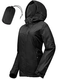 Produktbild: 33,000ft Regenjacke Damen Wasserdicht Outdoorjacke Atmungsaktiv Herbst Übergangsjacke Leichte Jacke mit Kapuze Windbreaker zum Wandern Reisen Treking Fahrrad schwarz 40