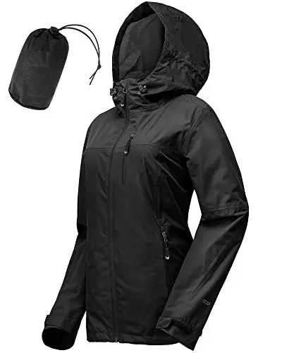 Produktbild: 33,000ft Regenjacke Damen Wasserdicht Outdoorjacke Atmungsaktiv Herbst Übergangsjacke Leichte Jacke mit Kapuze Windbreaker zum Wandern Reisen Treking Fahrrad schwarz 40