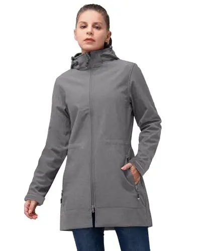 Produktbild: 33,000ft Softshelljacke Damen Lange Übergangsjacke Wasserdicht Winddicht Softshellmantel Windbreaker Atmungsaktiv Wanderjacke Outdoor Mantel mit Abnehmbarer Kapuze Mittelgrau L