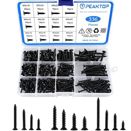 Produktbild: 336 Selbstschneidende Schrauben Edelstahl Senkkopf, M3 M4 M5 Holzschrauben Set, Schrauben Sortiment Kit, Schwarz Kreuzschlitz Schraube, Edelstahlschrauben Flachkopf für Holz Kunststoff Weichmetall