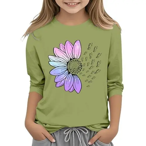 Produktbild: 3/4 Ärmel T Shirt Mädchen mit Sonnenblumendruck Coole T-Shirt Kinder Mode Baumwoll Sportshirt Rundhals Oberteile Langarm Kinderkleidun Lässiges (Mint Green #3, 10-11Years)