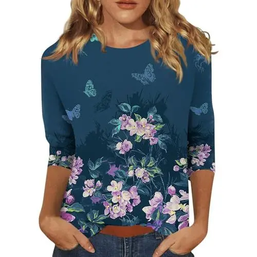 Produktbild: 3/4 Ärmel Tops Für Frauen 3/4-Ärmel-Tops Für Damen Damen 3/4 Ärmel T-Shirts Plus Größe Lustige T Shirts Für Frauen Viskose Tops Für Frauen Damen 3/4-Arm-T-Shirts Pfau Grün Damen Tops Und