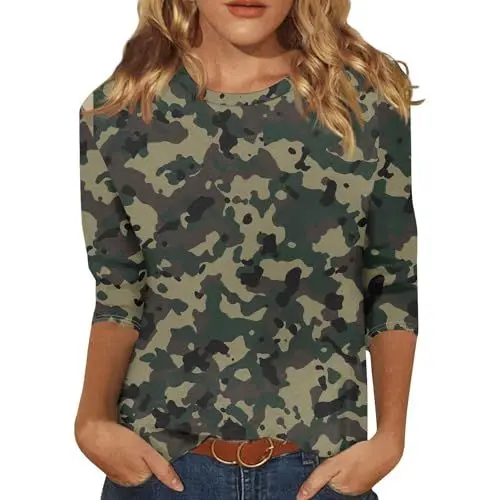Produktbild: 3/4 Arm Shirt Damen Sommer 3/4 Arm Shirt Damen Elegant Tunika Damen Elegant Tunika Blusen Damen 3/4 Arm T Shirts Damen Ausgefallene Faschingskostüme Tshirt Damen V Ausschnitt Grün XL