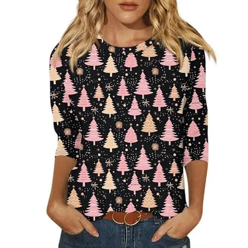 Produktbild: 3/4 Arm Shirt mit Puffärmel Damen Viskose Shirt Damen 3/4 Arm Merry Christmas Pullover Damen Pullover mit Reissverschluss Damen Elfen Kostüm Damen Damen Pullover Oversize Schwarz 3XL