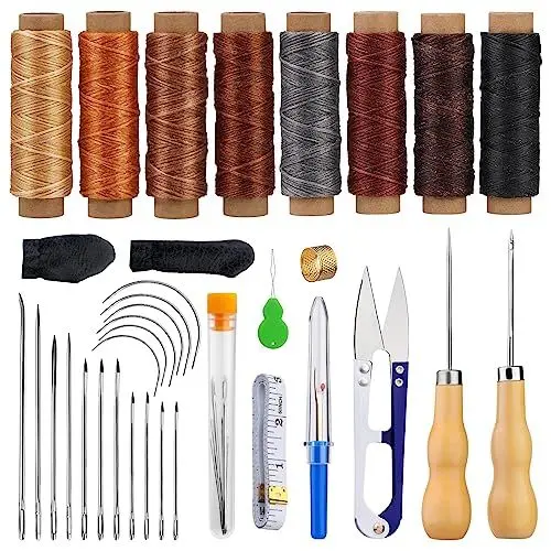 Produktbild: 35 Stück Grundlegendes Leder-Nähset, Lederpolster-Reparaturset, Leder-Nähwerkzeuge mit gewachstem Faden, Nähahle und großen Nähnadeln für die DIY-Lederhandwerksherstellung