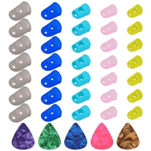 Produktbild: 35 Stück Plektren Plectrum Fingerspitzenschut Gitarre Erwachsene Fingerlinge Silikon Rutschfest und Wiederverwendbar, Fingerhut Fingerschutz mit 5 Plektrum für Gitarrenspielen, Schneiden, Nähen