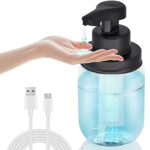 Produktbild: 350ML Automatischer Berührungsloser Glas-Seifenspender, Wiederaufladbarer Freihändiger Flüssigseifenspender im Einmachglas-Stil mit Sensorenpumpe für Badezimmer, Küche und Geschirrspülarbeitsfläche