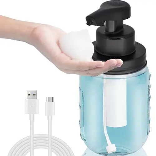 Produktbild: 350ML Automatischer Berührungsloser Schaumglas-Seifenspender, Wiederaufladbarer Freihändiger Flüssigseifenspender im Einmachglas-Stil mit Sensorenpumpe für Badezimmer- und Küchenarbeitsflächen