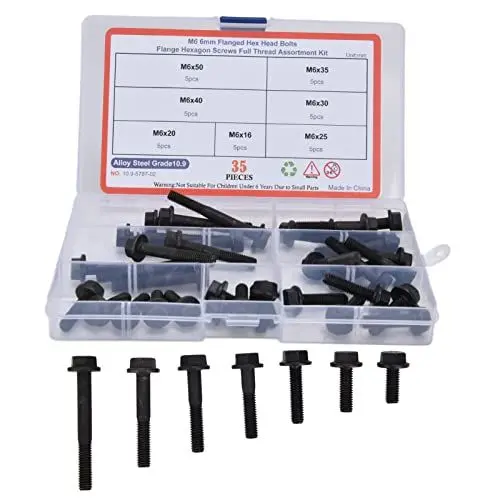 Produktbild: 35-teilige M6 Flanschschraube, 10.9 Level Karbonstahl Sechskantschrauben, Flanschschrauben-Sortiment-Set Schwarz für Industrielle Fertigung und Outdoor-Reparaturen