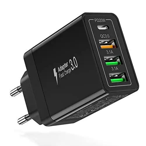 Produktbild: 35W USB C Ladegerät,Acezeek Schnellladegerät,4-Port USB C Netzteil(PD20W/QC3.0/3.1A*2) Kompatibel mit iPhone,LG Series,Huawei,BlackBerry,Samsung Galaxy S20 S20+ usw.