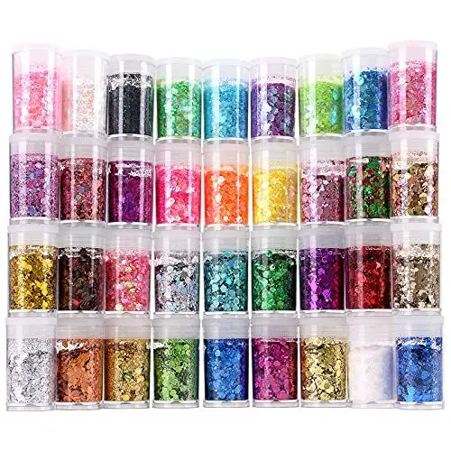 Produktbild: 36 Farben Chunky Glitzer Set, Klobige Pailletten und Feine Glitzer Pulver, Schillernde Glitzerflocken, Kosmetik Make up Glitter für Gesicht, Körper, Augen, Nail Art, Chunky Glitzer für Harzepoxid