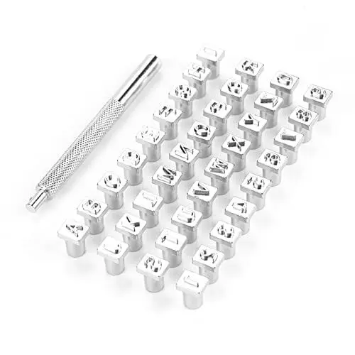 Produktbild: 36 Stück Stahlstanzer Alphabet Buchstaben Zahlen Stempel Set Metall Leder Stanzwerkzeuge DIY Lederhandwerk Werkzeuge (6 mm)