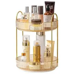 Produktbild: 360° Drehbar Make up Organizer, Drehbarer Make-up-Organizer für Schminktisch Make-up-Aufbewahrung Parfüm-Organizer für Parfums und Make-up, Hautpflege, Toilettenartikel (2 Etagen, Bernstein Gelb)