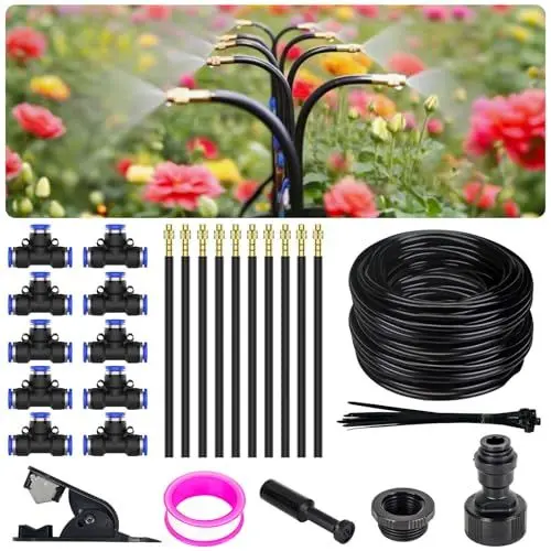 Produktbild: 360° Einstellbar Garten Bewässerungssystem, Garten Bewässerungsschlauch Kit 10M with 10 Düsen, Tropfbewässerung Misting Kühlsystem für balkon, hochbeet, Gewächshaus und Terrasse Pflanzen