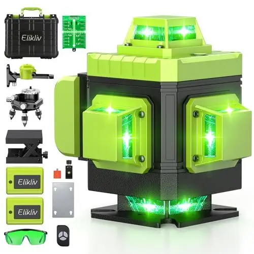 Produktbild: 360 Laser Level Self Leveling, Elikliv 4D Green Beam 16 Lines with Horizontal Vertical Four-Plane Leveling and Alignment Laser Level with 2 Rechargeable Battery,1/4