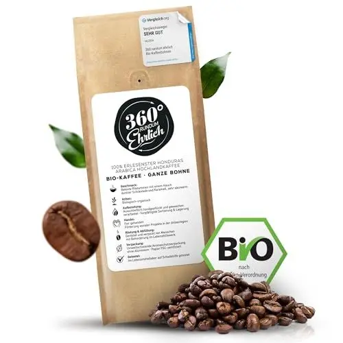 Produktbild: 360° Premium Bio Kaffeebohnen 500g, 100% Honduras Hochland Arabica Kaffeebohnen Bio - Köstlich, mild, säurearm - Bio Kaffee ganze Bohnen - Ideal als Kaffeebohnen Vollautomat - 360° Rundum Ehrlich