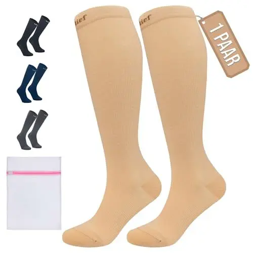 Produktbild: 360 Relief Kompressionsstrümpfe Damen und Herren - 1 Paar Kompressionssocken Einfarbig für Sport, Laufen, Flug, Reise, Joggen, Radsport, Kniestrümpfe, S/M Beige mit Wäschenetz
