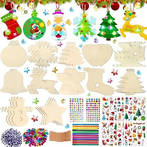 Produktbild: 360Pcs Bastelset Weihnachten für Kinder - Holzanhänger Deko Mit Glocken, Augen, Schnüren, Strasssteinen, Aufklebern - Christbaumschmuck und Geschenke