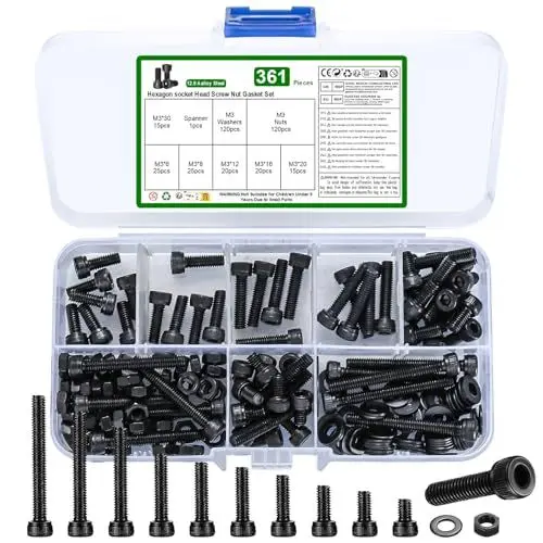 Produktbild: 361 Pcs Sechskantschrauben, M3 Zylinderschrauben Innensechskant Schrauben und Muttern und Unterlegscheiben Sortiment Set, Metrisch Sechskopf Fahrrad Gewindeschrauben Muttern Unterlegscheiben
