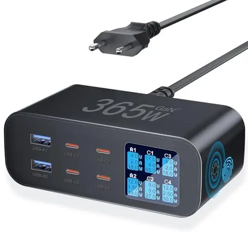 Produktbild: 365W USB C Ladegerät Mehrfach mit LED Anzeige, YSYFAD 6-Port GAN USB Ladestation PD USBC Netzteil QC USBA Schnellladeleistung Ladegerät Typ-C 100W Charger für MacBook Laptops i Phone Pad, Schwarz