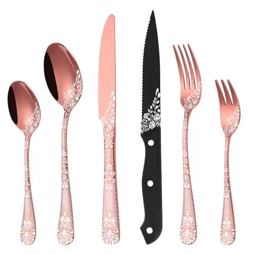 Produktbild: 36-teiliges Besteck Set Roségold für 6 Personen, HONKKU Edelstahl Besteckset mit Steakmesser, Essbesteck Set Spiegel Polierter mit Blumenmustern, Gabel Löffel Messer Set Geschirrspüler Safe
