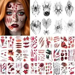 Produktbild: 38 Blatt Halloween Tattoos, Gruselig Spinnweben Zombie Vampir Wunden Narben Tattoo Sticker, Halloween Kostüm Damen Herren Gesicht Aufkleber, Horror Halloween Blut for Erwachsene Schminke Accessoires
