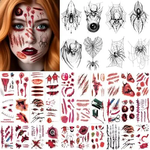 Produktbild: 38 Blatt Halloween Tattoos, Gruselig Spinnweben Zombie Vampir Wunden Narben Tattoo Sticker, Halloween Kostüm Damen Herren Gesicht Aufkleber, Horror Halloween Blut for Erwachsene Schminke Accessoires
