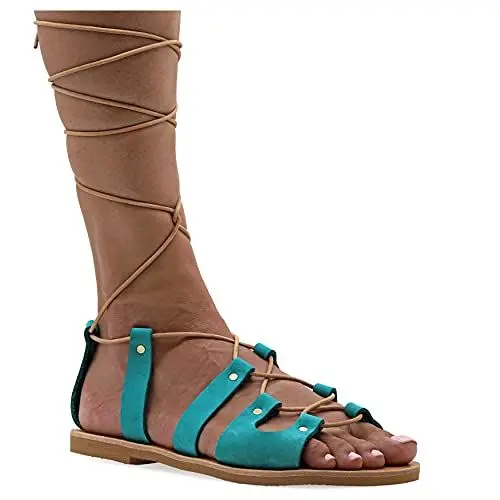 Produktbild: 38 Türkis Emmanuela antike griechische Gladiatorensandalen, handgefertigte flache Ledersandalen mit offenen Zehen und Schnürsenkeln, hochwertige Sommerschuhe zum Binden für Frauen