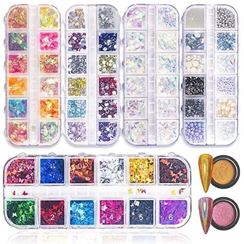 Produktbild: 3840Stück Nailart Strasssteine Nagel Dekoration Set-5 Boxen Nails Design Metall Nieten,Schmetterling Nails Art Glitzer Paillette ,2 Boxen Nagel Pulver