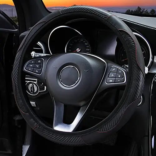 Produktbild: 38CM Auto-Lenkradbezug, Hochfester Carbonfaser-Stil mit Elastischem Griff, rutschfeste Lenkradhülle für Autozubehör (Black)